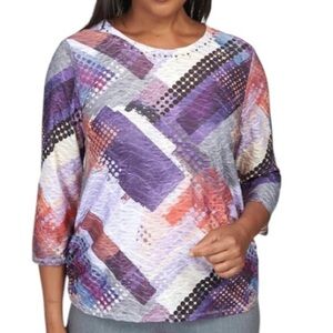 Alfred Dunner Women’s Abstract Purple Patchwork 3/4 Sleeve Top - Size S - NWT
